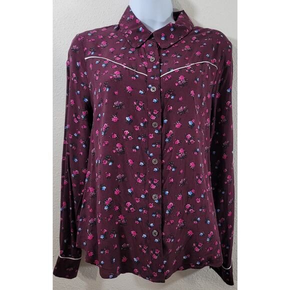 Wild Fable Burgundy Floral Print Button Up Top Medium Lightweight Soft Collard - Picture 1 of 7